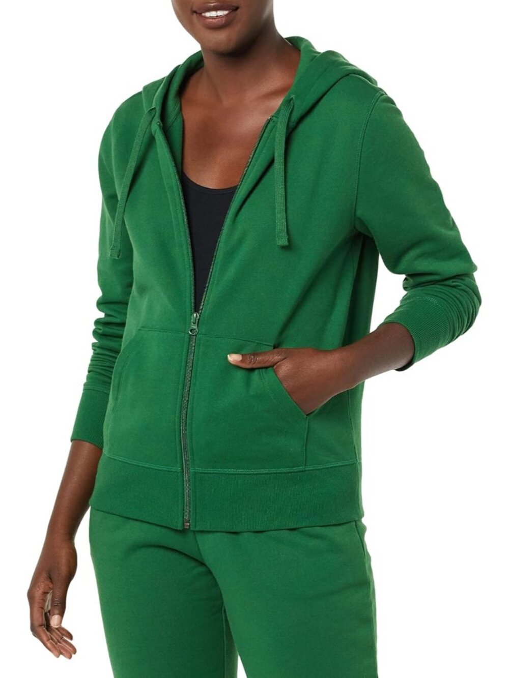 Women Green French Terry Fleece Midweight Fleece Full Zip Hoodie With Drawstring